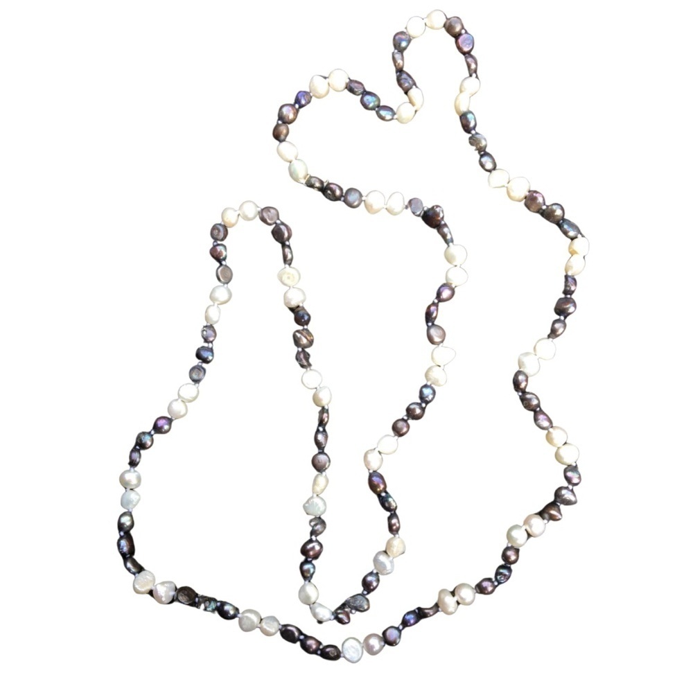 48" Knotted Freshwater Pearl Necklace – 8-9mm Black & White Baroque Continuous S